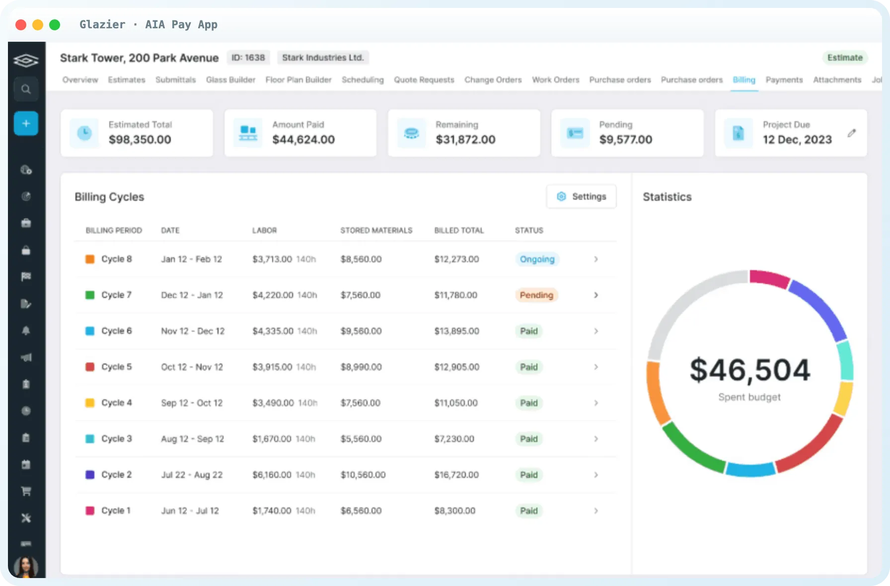 Financials and AIA pay app view